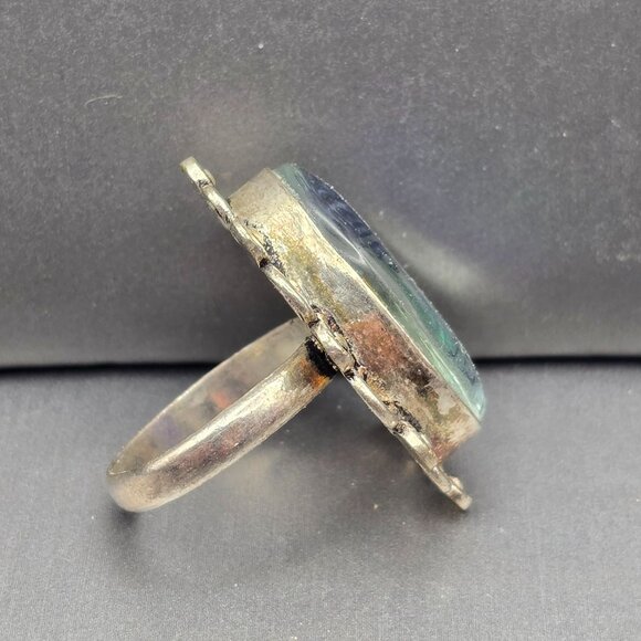 925 Sterling Silver Plt Dichroic Glass Ring Size 8.5 Blue Bezel Setting - Picture 9 of 13